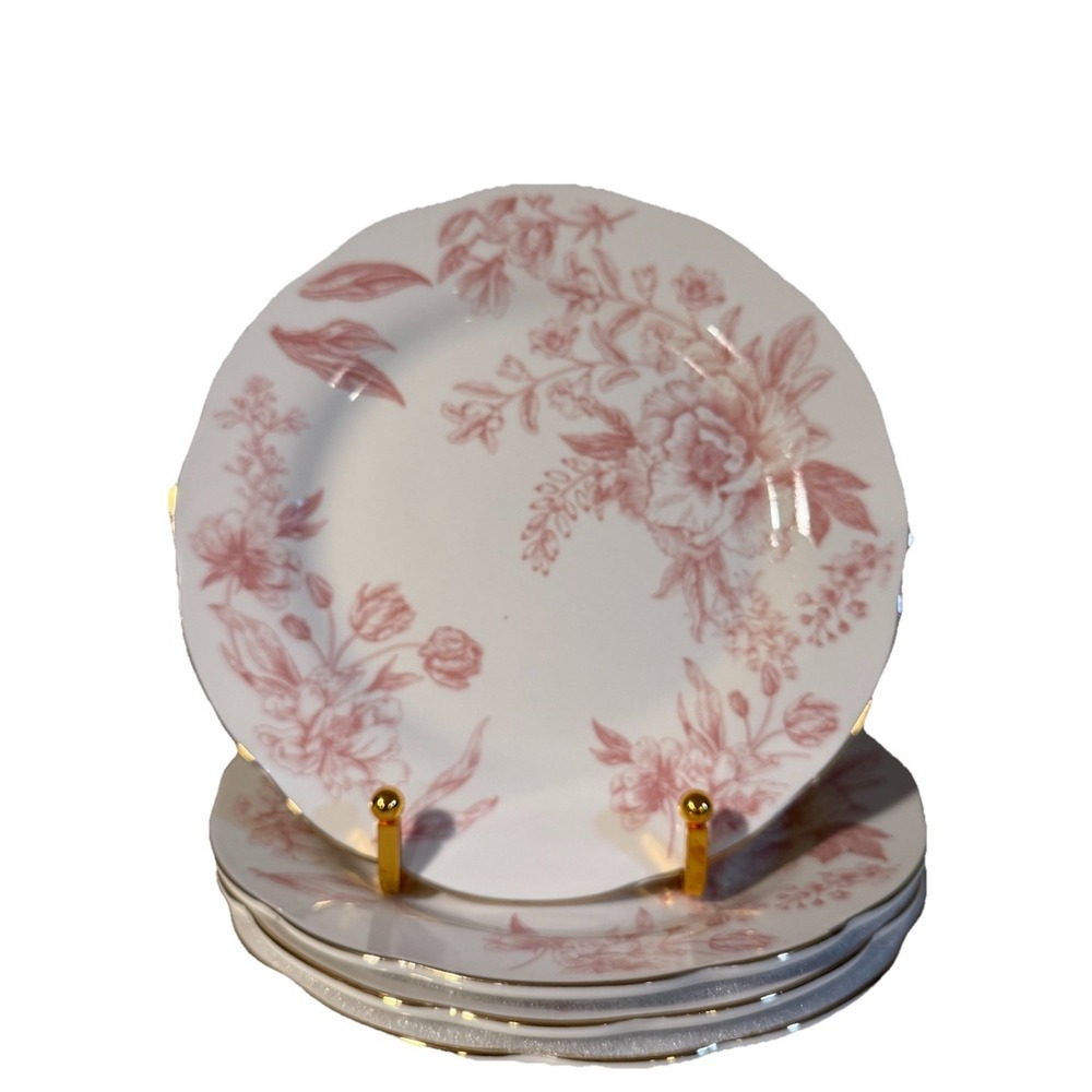 Medici Vintage Pink Toile Luncheon Plates 7.5" Set/4  Floral